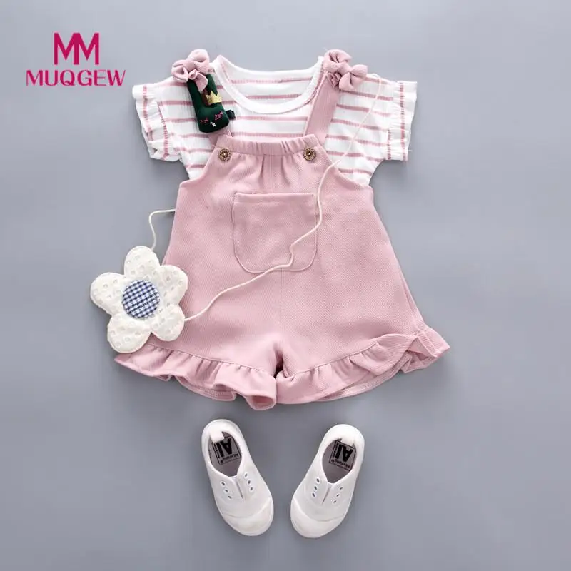 

MUQGEW clothes sets Kids Baby Girls Summer Striped Short Sleeve O-Neck Shirt+Suspenders Shorts Popular season Set roupas infanti