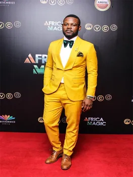 

New Fashion Slim Fit Yellow Groom Tuxedos Excellent One Button Groomsmen Blazer Men Formal Suit Party Prom Suit (Jacket+Pants)
