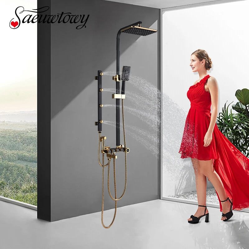 

Saeuwtowy Newest Design Golden plus white/black Shower Set Wall Mounted Hot and Cold Tower System Mixer