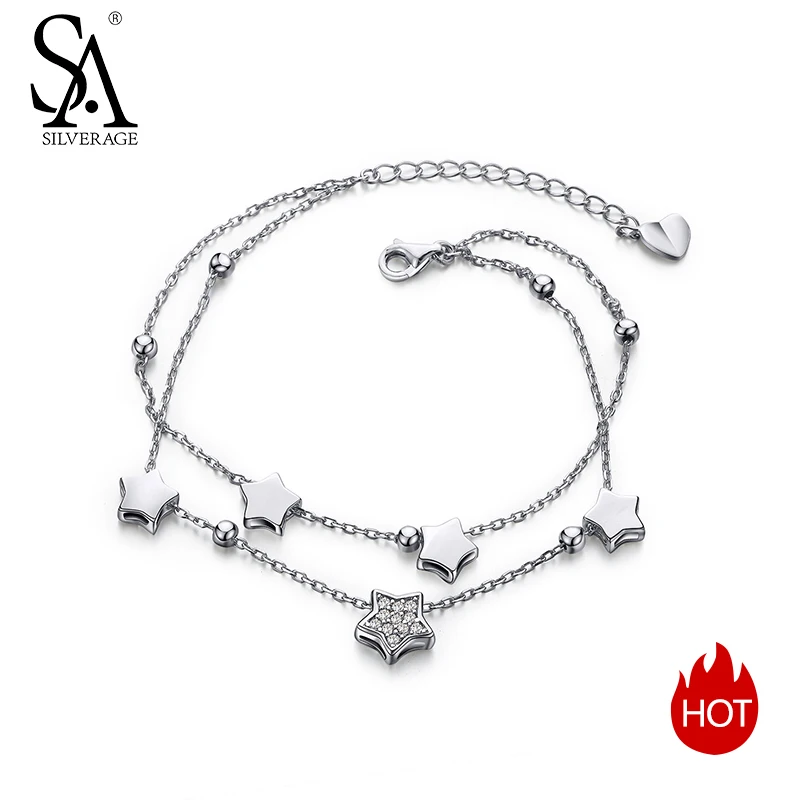 Подарок на Новый год 925 Silver Star Браслеты для Для женщин украшений горный хрусталь два Слои звено цепи браслет женский - изображение