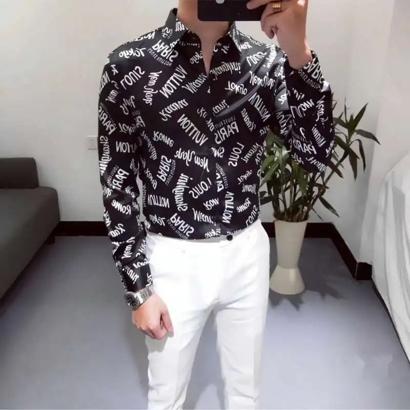 Occident Men Retro Letters Print Chic Shirts Slim Fit Lapel Hairstylist Nightclub Tops E7