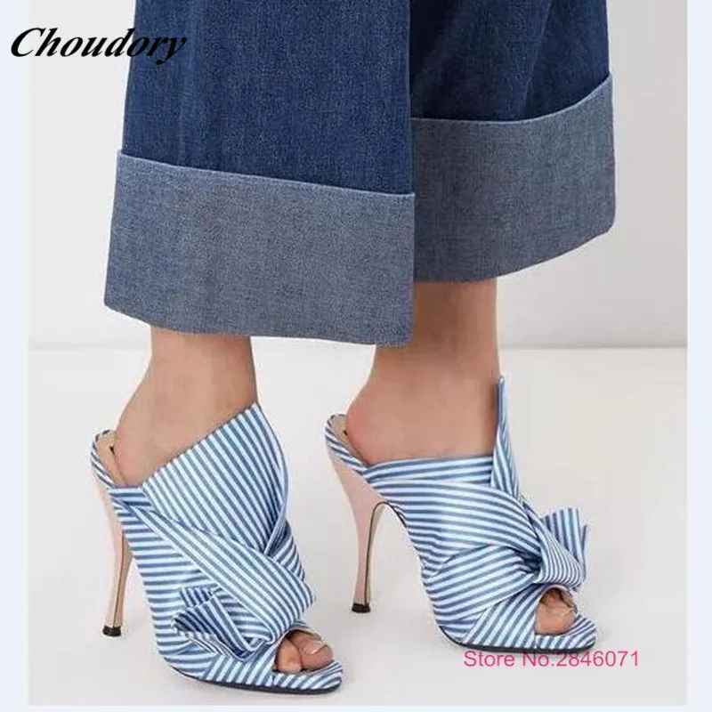 2017 New Summer Blue Knotted Striped Satin Leather Mules Sandals Open Toe Flats Slides Runway Party Wedding Shoes Hot Slippers