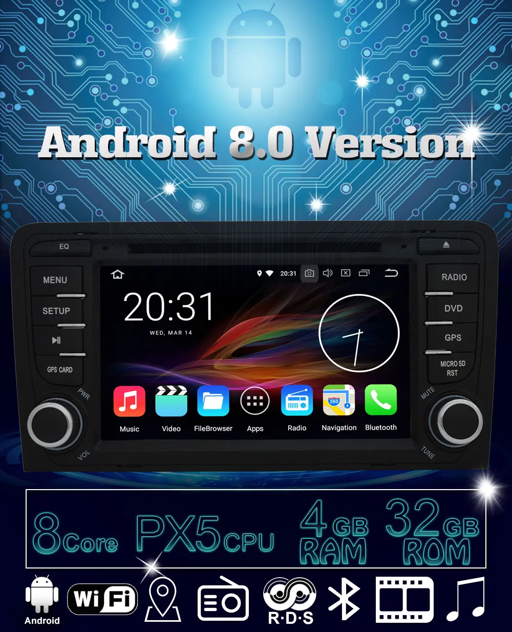 Discount Octa Core 4GB RAM Android 8.0 Car DVD Player for Audi A3 S3 RS3 2003-2011 Car Radio GPS Navigation With 32GB ROM Bluetooth 6