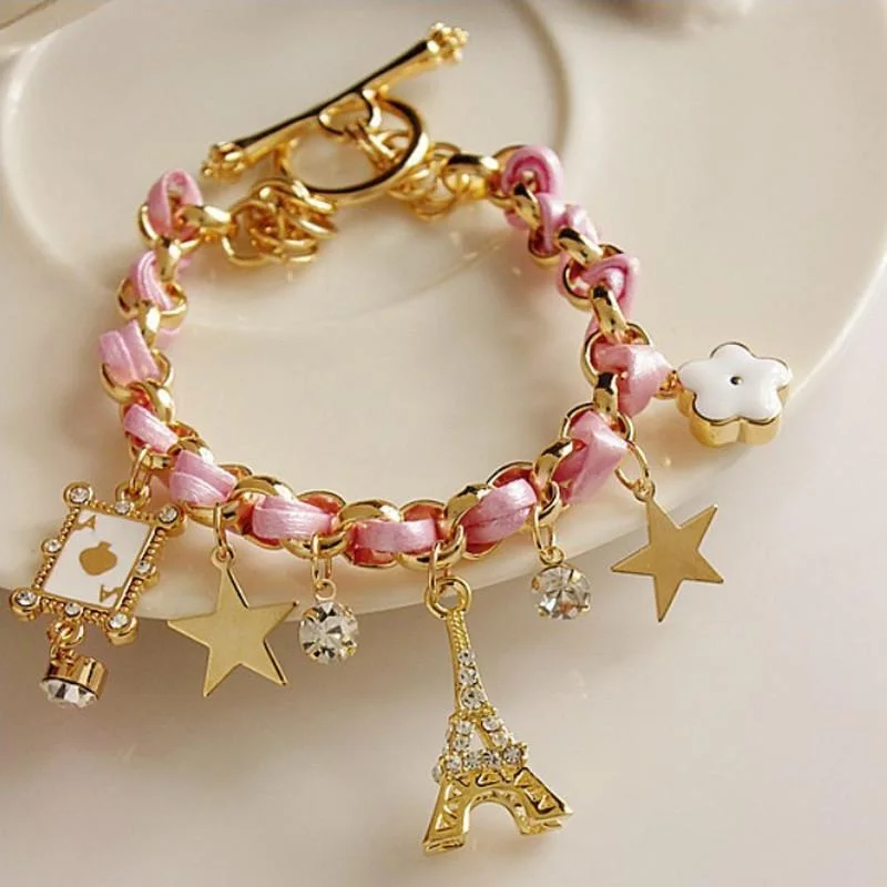 

2018 Fashion Jewelry Multielement Gold Color Chain Leather Rope Crystal Handmade Bracelet for Women Eiffel Tower Star Pendant
