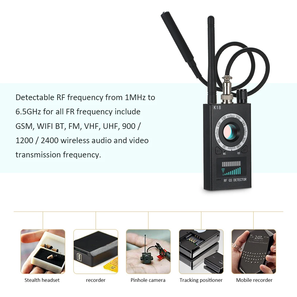 K18 Multi-function Anti-spy Detector Camera GSM Audio Bug Finder GPS Signal Lens RF Tracker Detect Wireless Products 1MHz-6.5GHz K18 Multi-function Anti-spy Detector Camera GSM Audio Bug Finder GPS Signal Lens RF Tracker Detect Wireless Products 1MHz-6.5GHz