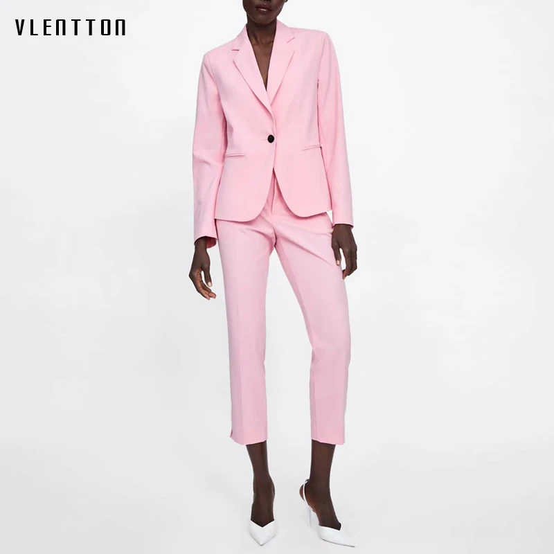 

Newest OL Pink 2 Piece Set Women Single Button Long Sleeve Short Office Lady Blazer Jacket & Women's Pants Suit Outerwear Suits