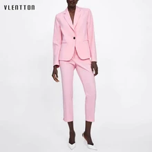 Newest OL Pink 2 Piece Set Women Single Button Long Sleeve Short Office Lady Blazer Jacket & Women's Pants Suit Outerwear Suits