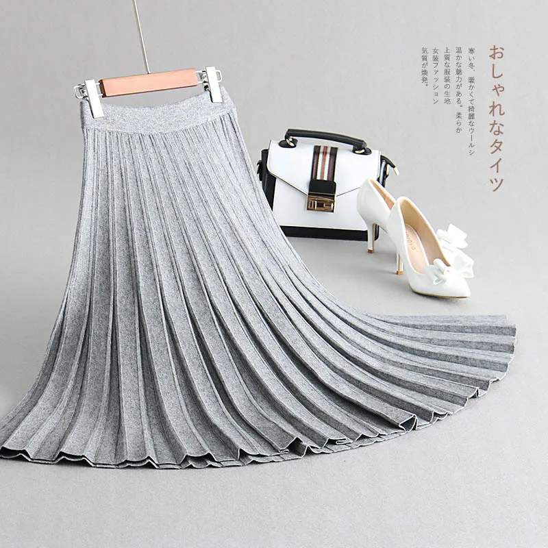 

INNASOFAN Women's skirt Autumn-winter knitted thick warm skirt of high waist Euro-American fashion pleated skirt of solid color