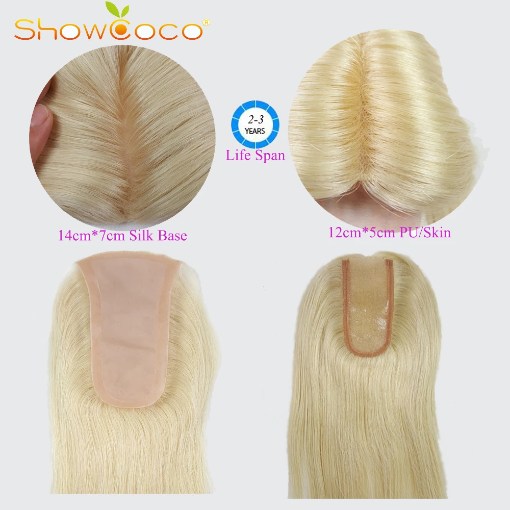 

Silk Base Human Hair Topper Blond PU 100% Virgin Hair ShowCoco Slavic Hair Piece 150% Density Skin Clip in Toupee Hair For Women