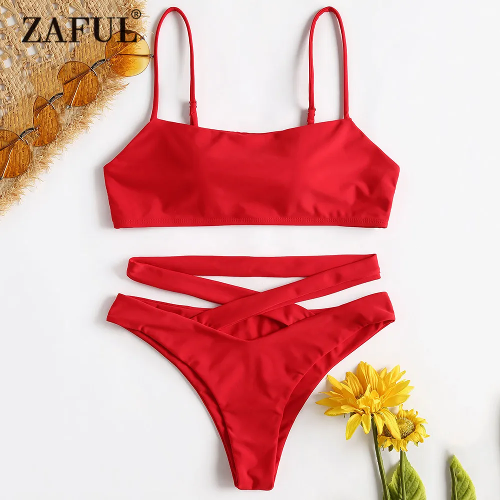 

ZAFUL Criss Cross Cami Bikini Swimwear Women High Cut Swimsuit Spaghetti Straps Low Waist Padded Swimwear Biquni Bathing Suit