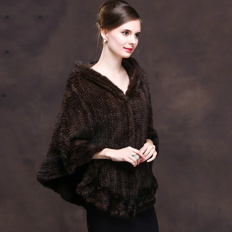 Hooded natural knit mink fur coats outerwear women real fur cloaks 2018 new style fashion zipper real mink fur jackets