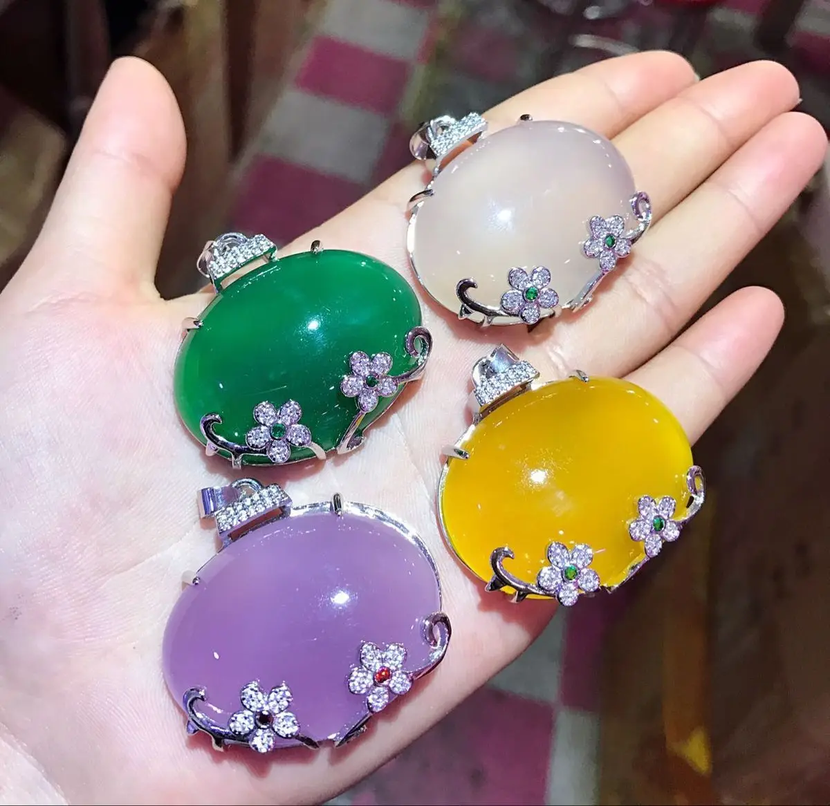 Pure Natural Ice Green Chalcedony 925 Sterling Silver Inlay Flowers Agate Pendant Necklace Sweater Chain Jewelry Gift Wholesale | Украшения