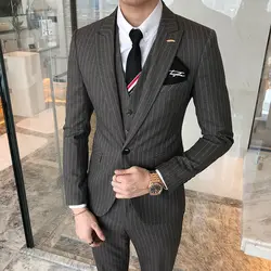(Костюм + жилет + брюки) 2019 новый британский костюм куртка мужской Тонкий полосатый костюм из трех частей костюмы