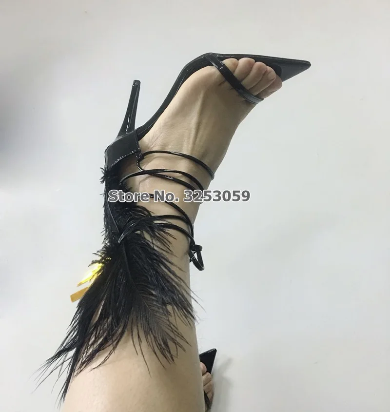 ALMUDENA/женские дизайнерские босоножки на высоком каблуке с перьями; Цвет черный, белый; сандалии-гладиаторы на шнуровке с ремешками и перьями; туфли-лодочки на шпильке для сцены