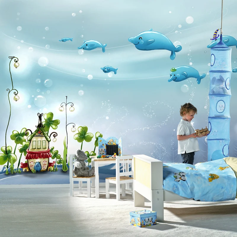 

New art wall stickers Large 3d three-dimensional mural fabric wall paper child room cartoon dolphin bubble real ocean wallpaper