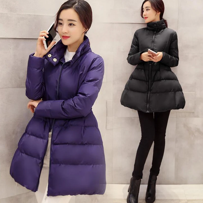 2016 New Fashion Winter Temperament Solid Color Zipper Stand Neck Full Sleeve Slim Coat Down Cotton
