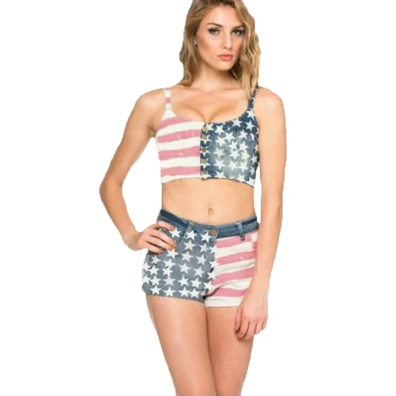 

Women Two Piece Suits Sexy American Flag Print Buttoned Trousers Female Crop Tops + Shorts Set Overalls Summer Bodysuit Playsuit
