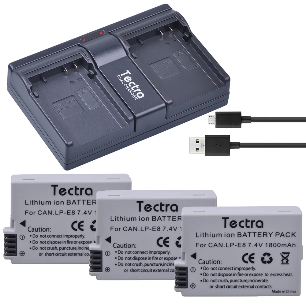 3 шт. аккумуляторы 1800 мАч и зарядное устройство USB 2 канала для Canon LP E8 LPE8 EOS 550D 600D 650D