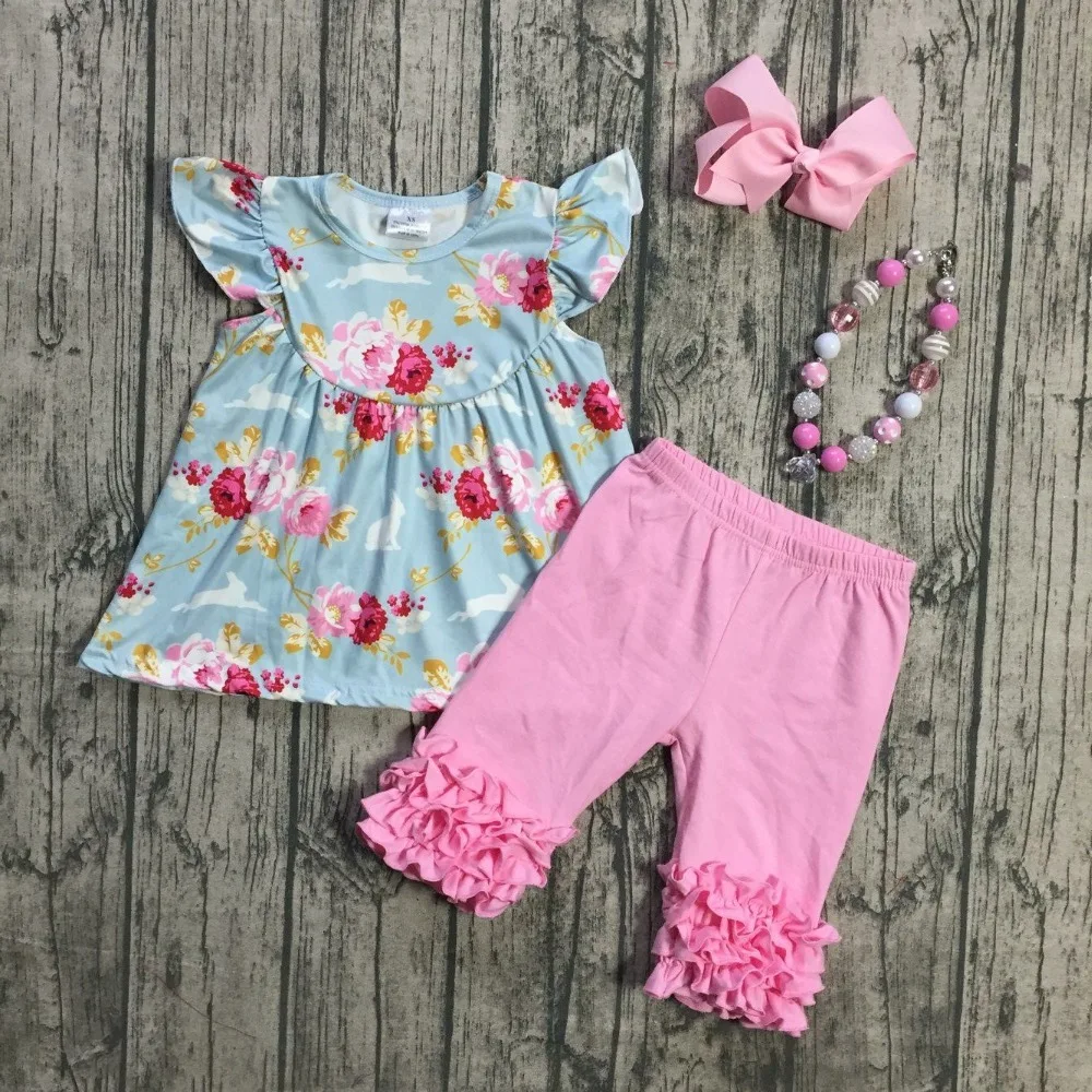 

girls Spring summer boutique clothing girls Easter bunny Floral top with pink ruffle capri pants sets outfits with accessories