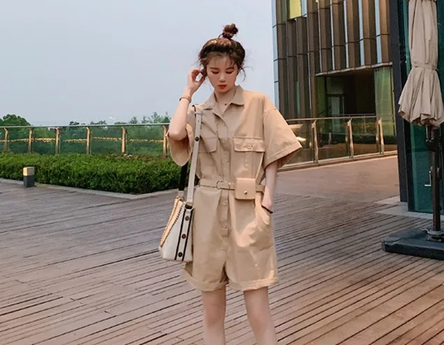 New Tooling Jumpsuit Summer Women Short Playsuits Loose Short Sleeve Single Breasted With Belt Rompers Womens YT50104