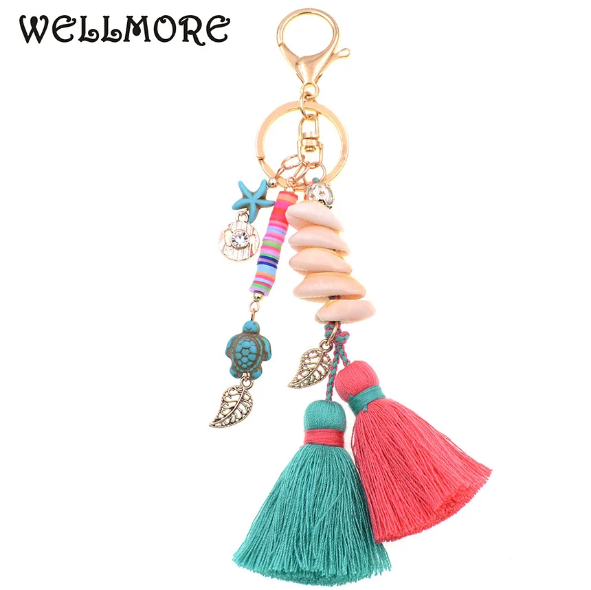 

WELLMORE BOHO style keychain shandmade shell with long tassel alloy Key Chain For Women Girl Bag Keychain