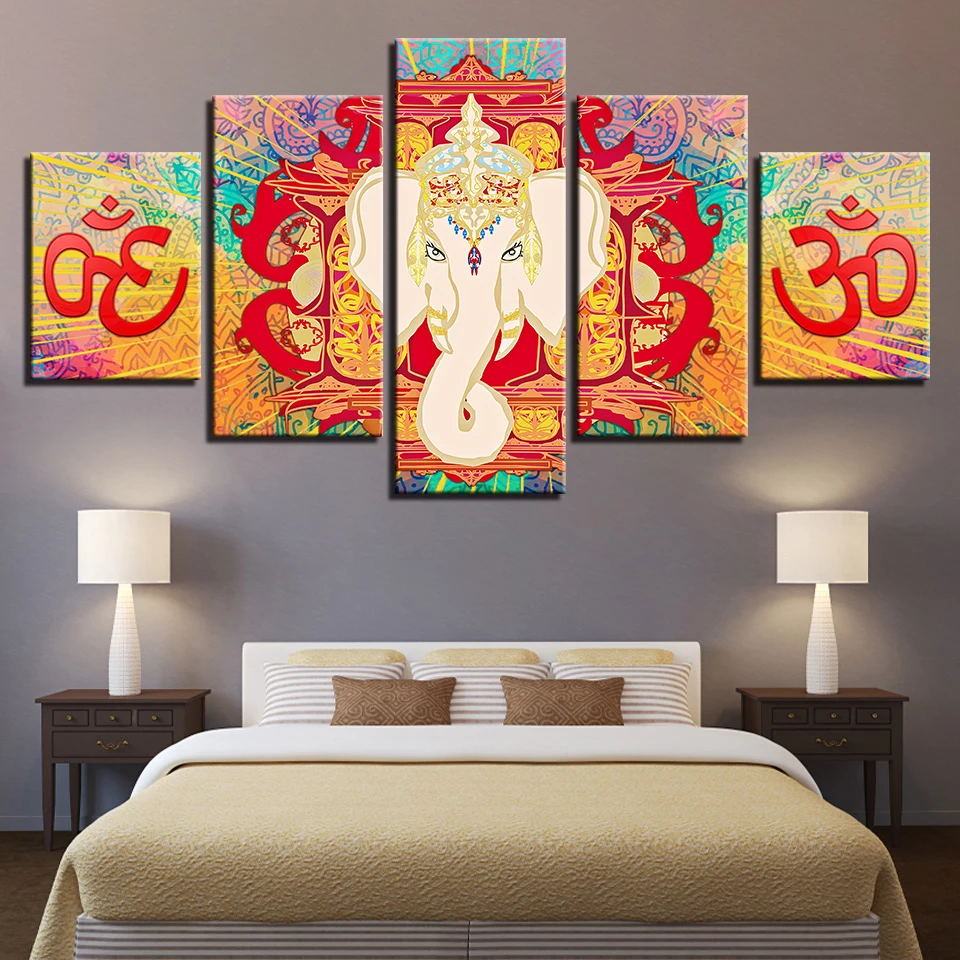 

Canvas HD Prints Poster Wall Art Framework 5 Pieces Hindu God Elephant Ganesha Paintings OM Abstract Pictures Living Room Decor