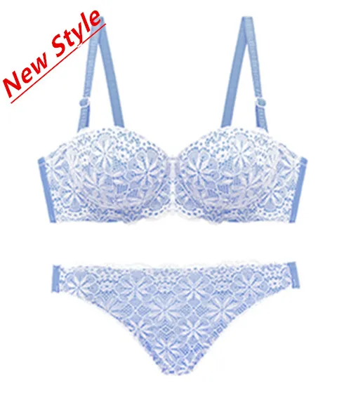 

For Lady Sweet Lace Patchwork Bralet Flower Pattern Women Sexy Bra Push-up Thick Padded Bra And Panty Set Color Sky Blue Red DN