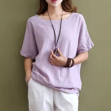 2017 de Primavera y Verano de Algodón Original de Lino Mujeres Solid Camisa Floja de Gran Tamaño Delgado Del O-cuello Flojo Sólido Estilo Ocasional de La Vendimia