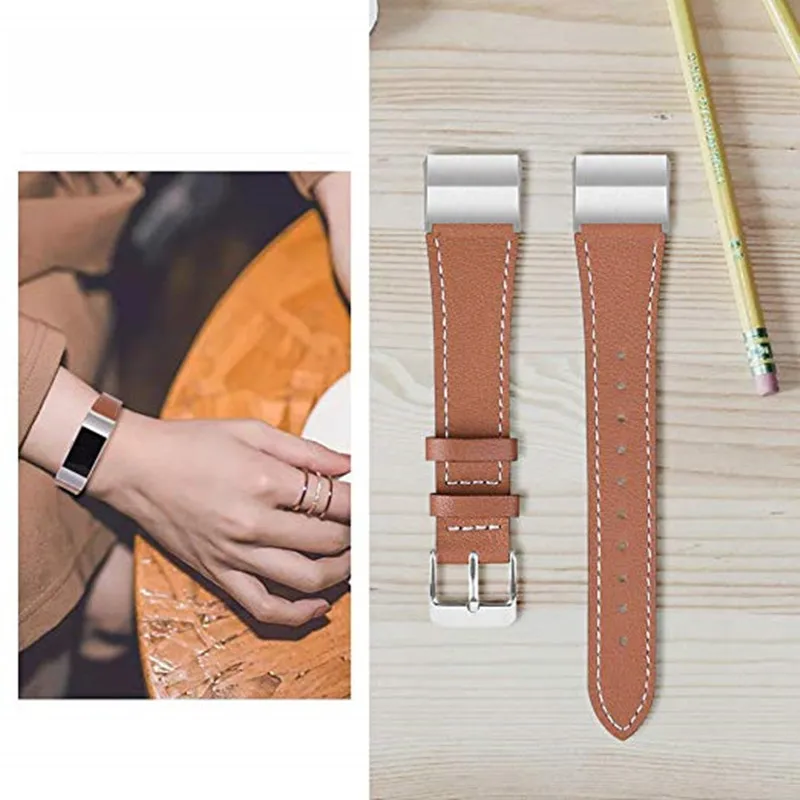 Genuine Leather Band for Fitbit Charge 2 Bands Classic Wristband Metal Connectors Fitness Strap Women Men Small Large (14)_