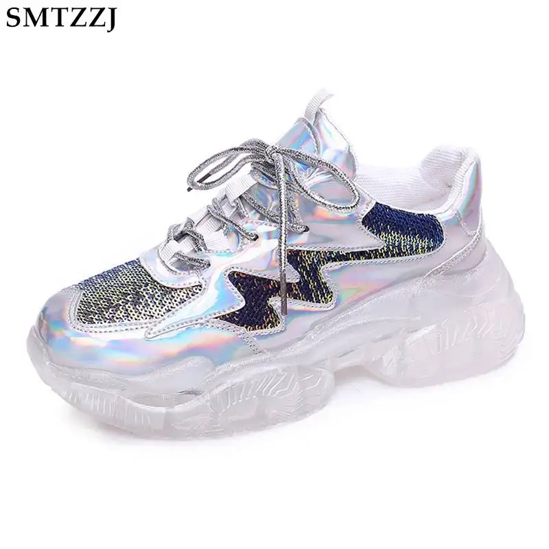 

SMTZZJ 2019 Sweet Crystal Gold Silver Fashion Casual Shoes Woman Comfortable Breathable White Flats Platform Sneakers Female
