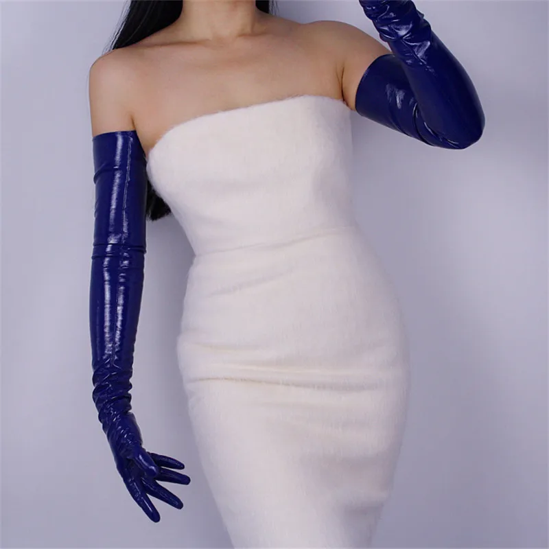 Patent Leather Long Gloves Woman Long Simulation Leather PU Leather Gloves Mirror Bright Leather Dark Blue 50cm P53