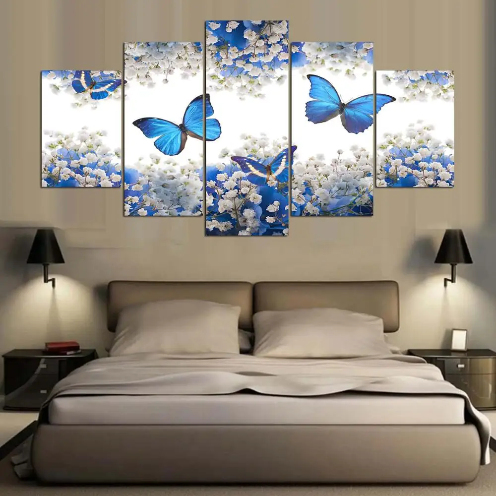 

Abstract Wall Art Canvas Painting 5 Panel Flower Animal Blue Butterfly Picture Home Decor For Living Room Frames Modular Posters