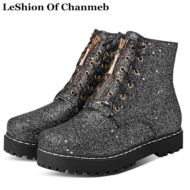 33-52 ботинки женская зимняя обувь с блестками, ботинки Женская Повседневная Демисезонная обувь, женские ботильоны
