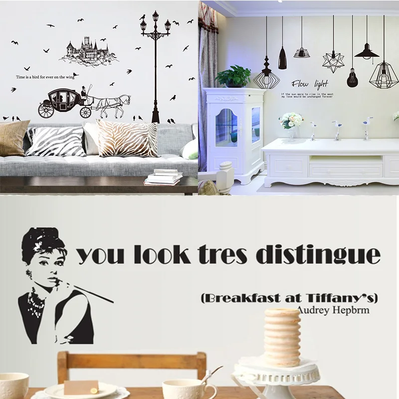 

Europe Wall Stickers Modern Black and White Castle Light Stickers Vinyl Audrey Removable Wall Sticker Art Murals for Living Room