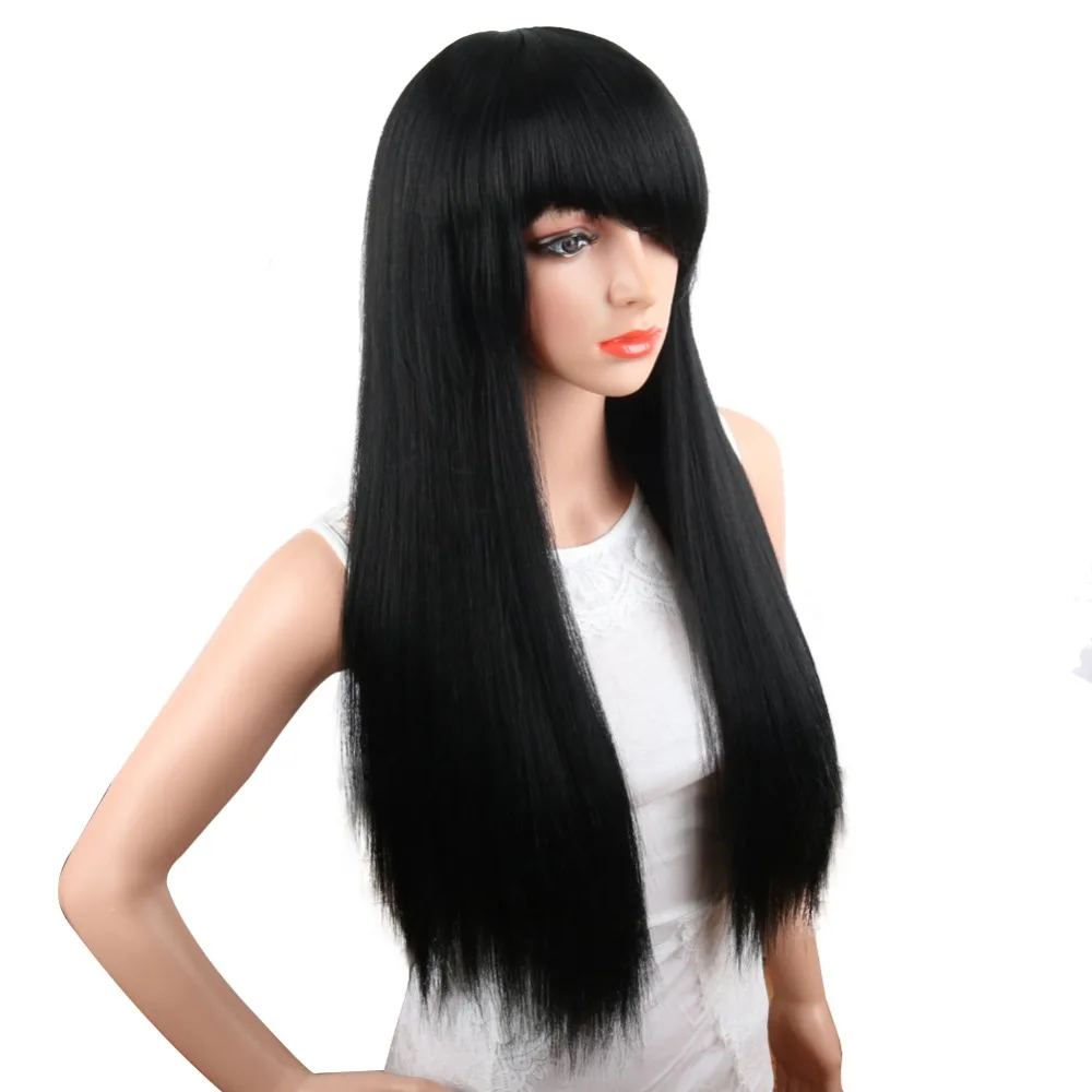 Deyngs Black Long Yaki Straight Side Wigs with Side Bangs Hairstyle Synthetic Wig for Woman Can Be Curled Wigs Heat Resistant 24Inch (9)