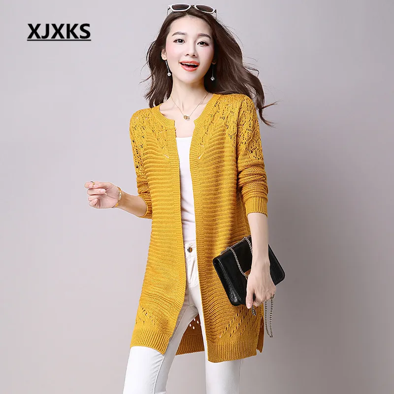 XJXKS, новинка, Осенний корейский стиль, женский свитер с длинным рукавом, женская мода, длинный секционный трикотаж, полый кружевной кардиган, пальто