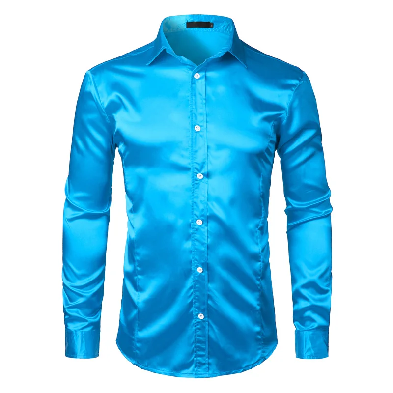 Новые мужские рубашки с длинным рукавом Chemise Homme, модный дизайн, Черная Мужская шелковая рубашка, облегающие рубашки под смокинг, брендовые рубашки Camisa Social - Цвет: Blue