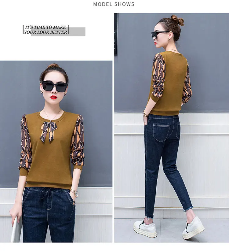 2019 Fall Patchwork Blouse Women Tops Plus Size Print Shirts Femme Tops Casual Ladies Shirts Bow Long Sleeve Blusas Mujer (8)