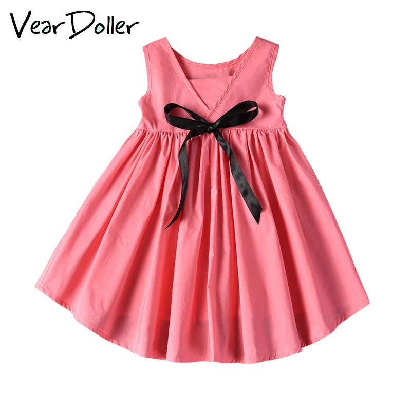 

VearDoller Children's Casual Dress Summer Fashion Bownot Sleeveless Baby Girl Sling Dress 2019 New Solid Kids Dresses for Girls