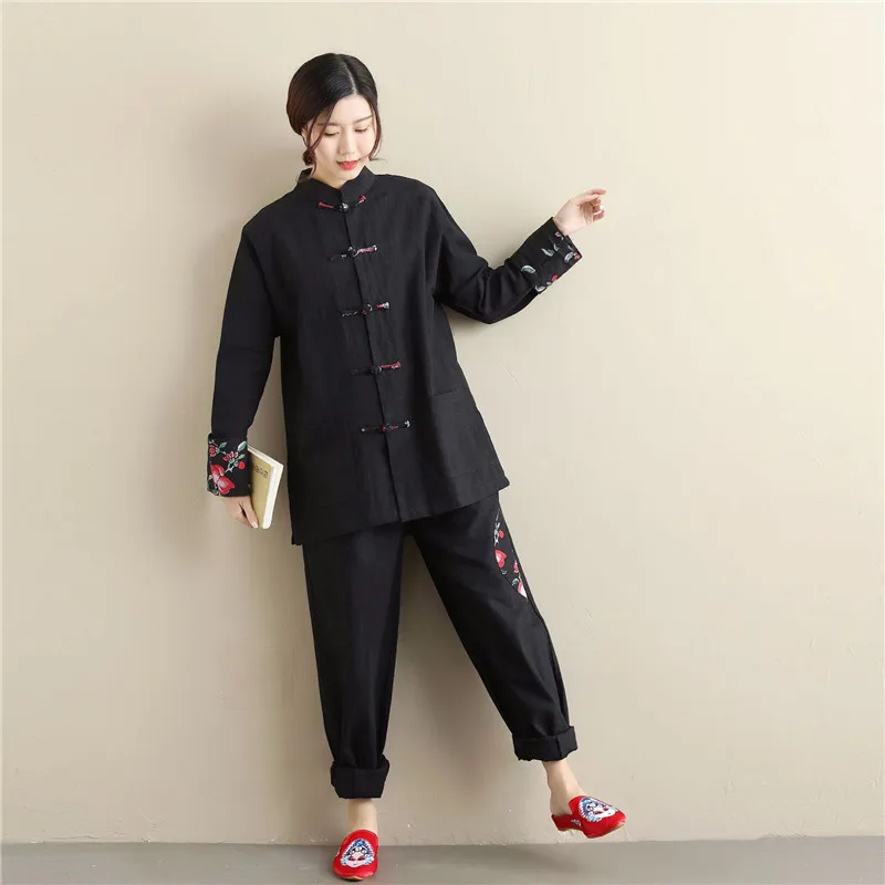 LZJN размера плюс женская одежда из кусков с длинным рукавом Топы и блузки льняной Тан костюм Свободная китайская рубашка женская блузка