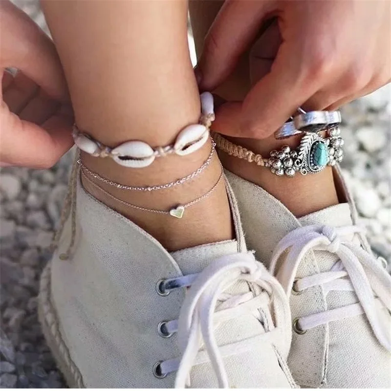 

Boho Natural Sea Shell Conch Anklets For Women Rope Chain Shell Silver Ankle Bracelet On Leg Heart Anklet Set Beach Foot Jewelry