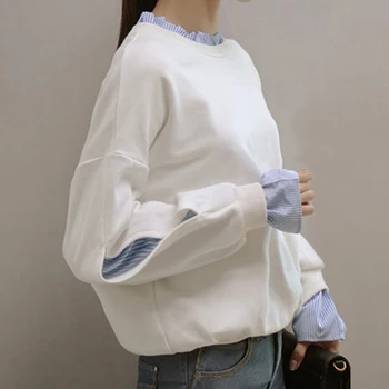 

Women Spliced Long Sleeve Pullovers Tops Autumn Fake 2 Pieces Sweatshirts Casual Loose Tops