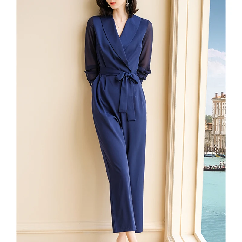 2019 New Plain Black blue Office Ladies Workwear Jumpsuit Wrap Lace Detail Tailored Long Sleeve Pockets Women Elegant Jumpsuit