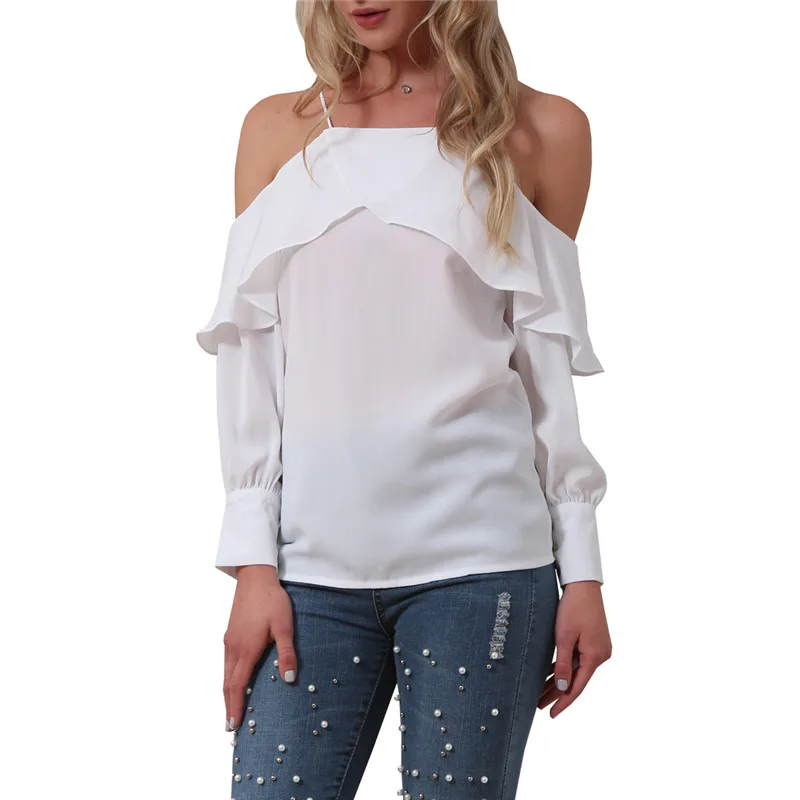 Sexy new strap shoulder ruffled long sleeve shirt blouse (5)