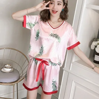 

2019 Fashion hot new lady pink girl heart striped leaves pajamas suit women sexy pajamas short-sleeved shorts suit пижама 40*
