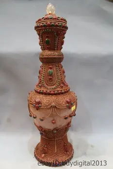 

22" Tibet Buddhism Crystal Silver inlay Gem Gemstone Pearl Dagger Pot Jar Crock