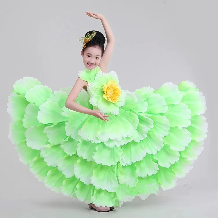 Детский танцевальный костюм, расширенная юбка, костюм, современная танцевальная одежда, юбка с лепестками, платье для испанского фламенко 540 720 - Цвет: green180
