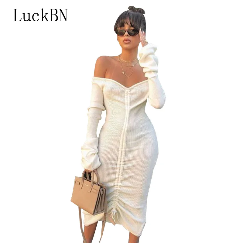 

Front Drawstring Sexy Bandage Dresses Women White Slash Neck Long Sleeve Club Party Dress Autumn Winter Off Shoulder Maxi Dress