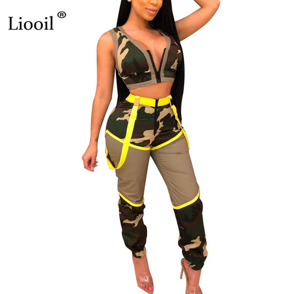 Liooil, камуфляжный клубный комплект из двух предметов, женские вечерние спортивные костюмы,, сексуальный топ и штаны, на молнии, с принтом, 2 предмета, комплект одежды, подходящий комплект