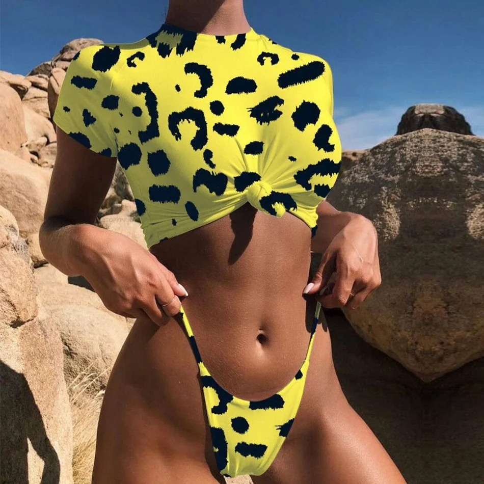 

Thong Swimsuit Women Push Up Swimming Suit Solid Printed Swimwear Female Short Sleeves Bodysuit Padded Bathing Suit Beachwear